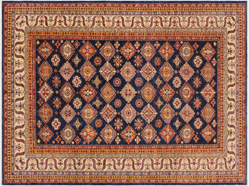 handmade Geometric Super Kazak Blue Beige Hand Knotted RECTANGLE 100% WOOL area rug 9x12